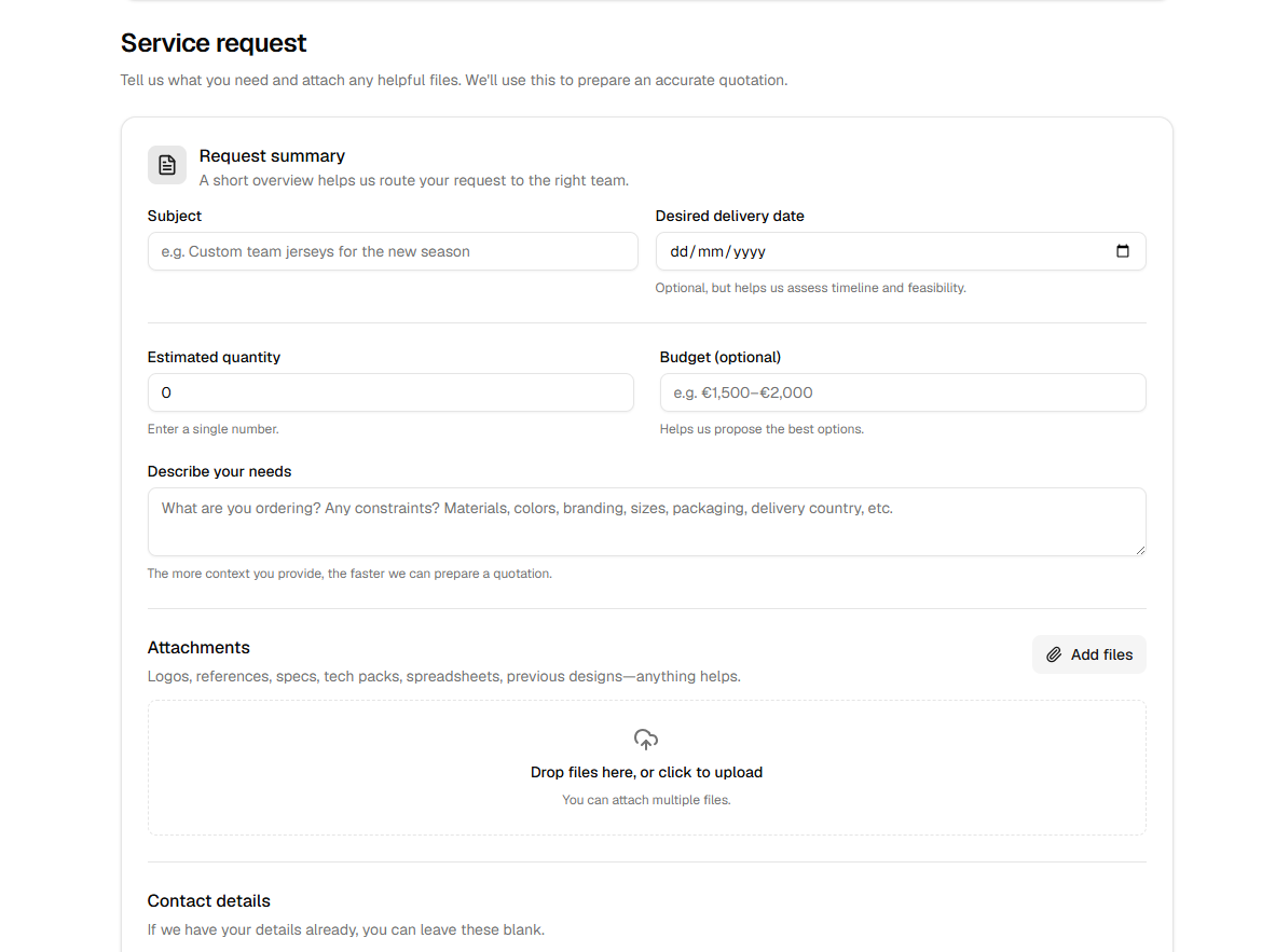 Service request form with summary fields, attachments, and helper text